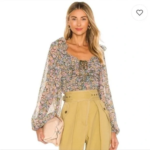 Free People Mable printed blouse top long sleeves floral balloons sleeves crop - Picture 5 of 6